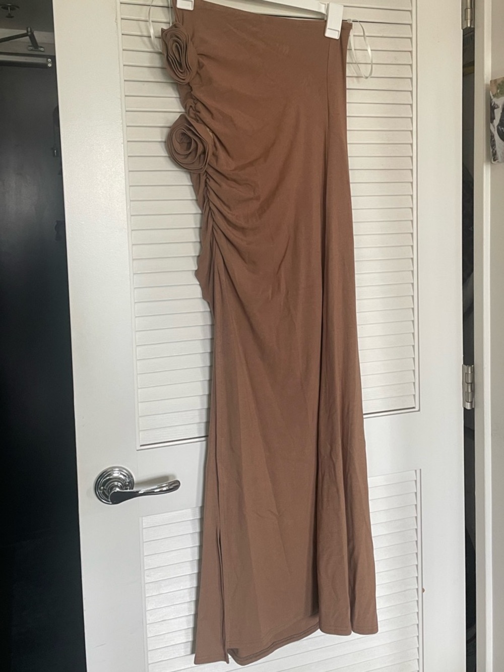 Commense Brown Maxi Skirt with Side Rosette Detail